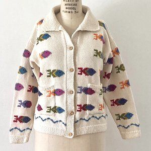 Accento M cream hand loomed cotton cardigan sweater Peru bohemian long sleeve